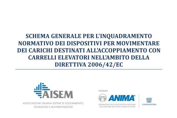 Carrelli e attrezzature - La classificazione di AISEM - Carrelli e attrezzature - La classificazione di AISEM - Schema generale per l'inquadramento normativo dei dispositiviper movimentare dei carichi destinatiall'accoppiamento con carrelli elevatorinell'ambito della direttiva 2006/42/EC