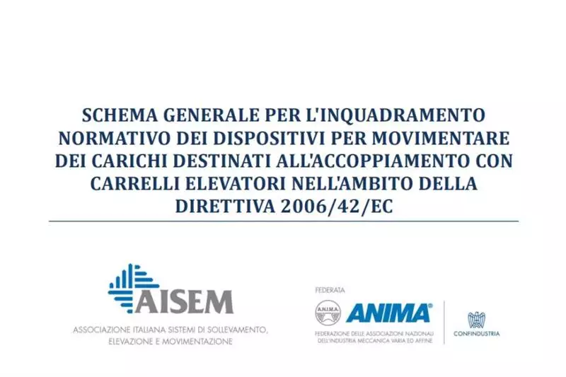 Carrelli e attrezzature - La classificazione di AISEM - Carrelli e attrezzature - La classificazione di AISEM - Schema generale per l'inquadramento normativo dei dispositiviper movimentare dei carichi destinatiall'accoppiamento con carrelli elevatorinell'ambito della direttiva 2006/42/EC