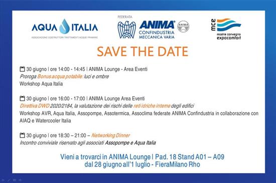 30 giugno | Workshop e Networking Dinner AQUA ITALIA a MCE 2022