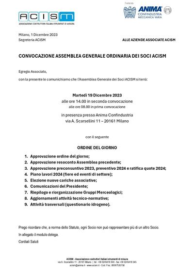 19 dicembre - Convocazione Assemblea Generale ordinaria dei soci ACISM
