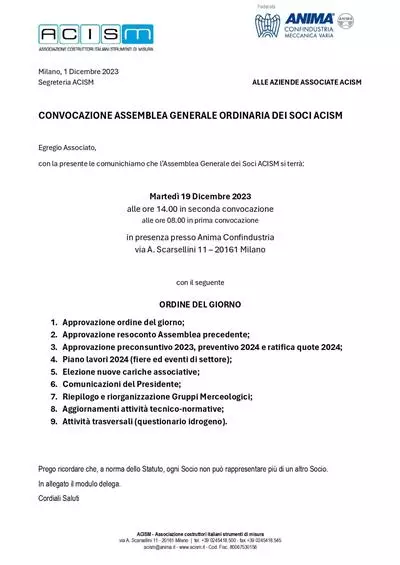 19 dicembre - Convocazione Assemblea Generale ordinaria dei soci ACISM