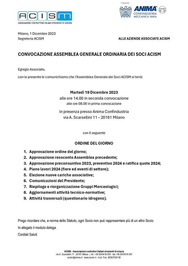 19 dicembre - Convocazione Assemblea Generale ordinaria dei soci ACISM