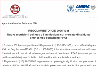 Schiumogeni antincendio contenenti PFAS: guida UMAN al Regolamento (UE) 2025/1988